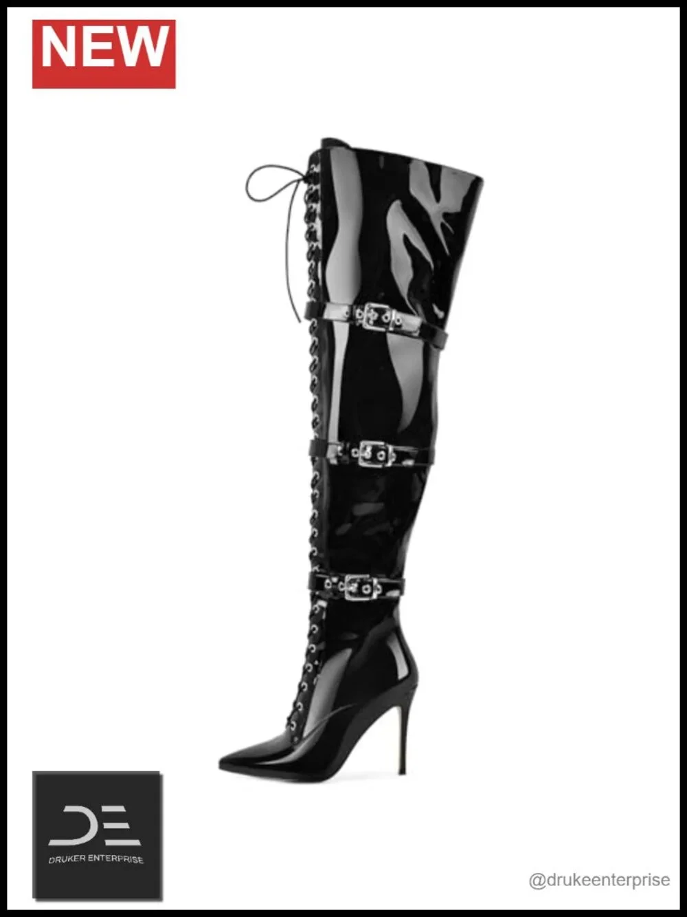 Over-the-Knee Stiletto Boots Pointed Toe Adjustable Lace Metal Buckle